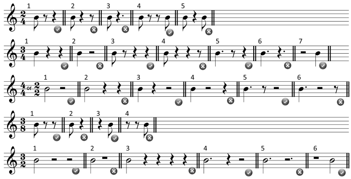 examples of correct and incorrect rests grade 2 time signatures